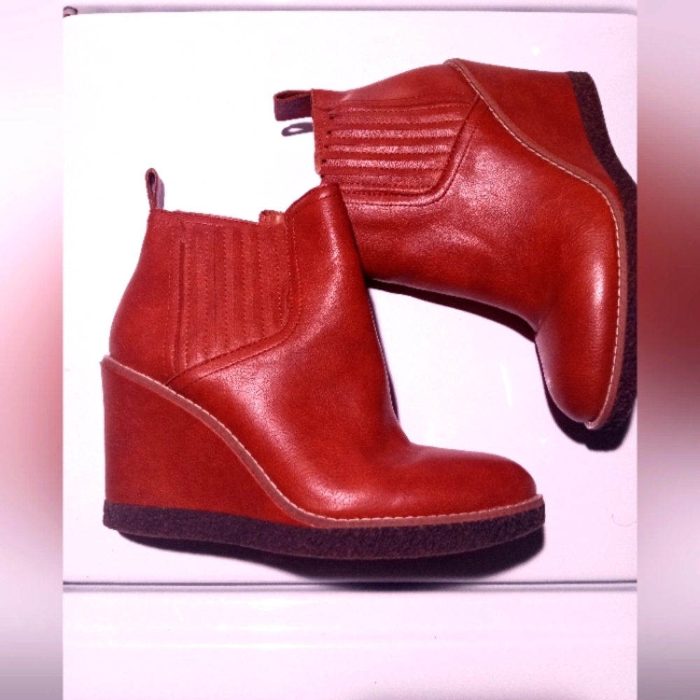 Tan Faux Leather Wedge Ankle Boots